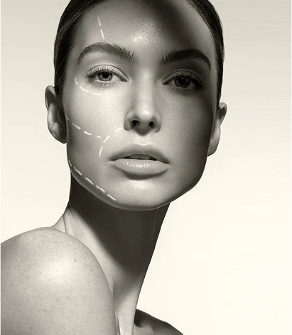 Viktor Michael model with traced lines on her face on a white background