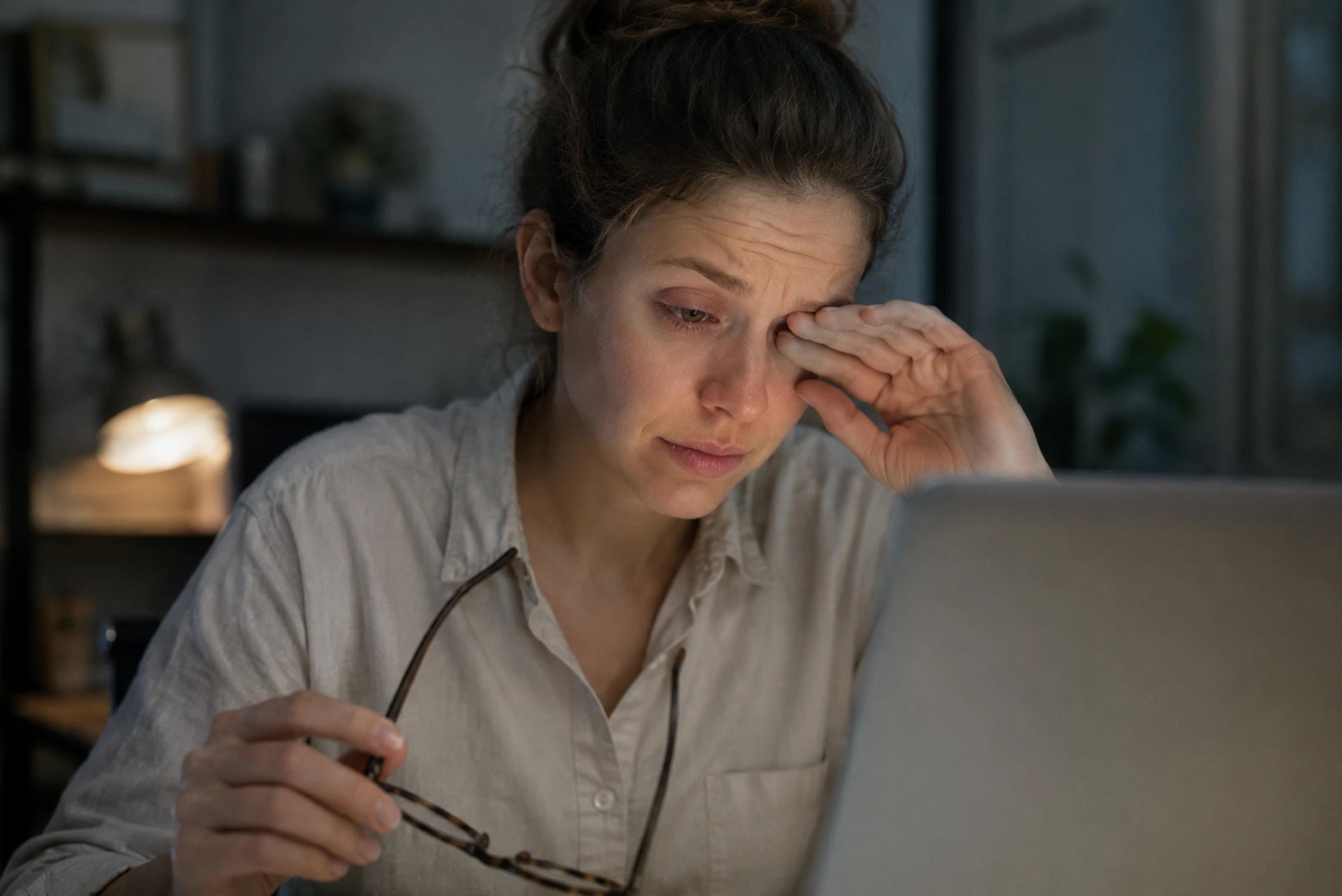 Person der gnider trætte, tørre øjne foran en computerskærm