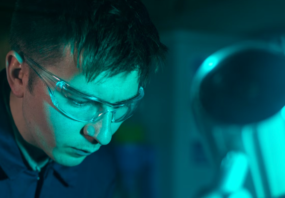 Forskellige typer sikkerhedsbriller med EU CE-mærkning på Optikhusets bord