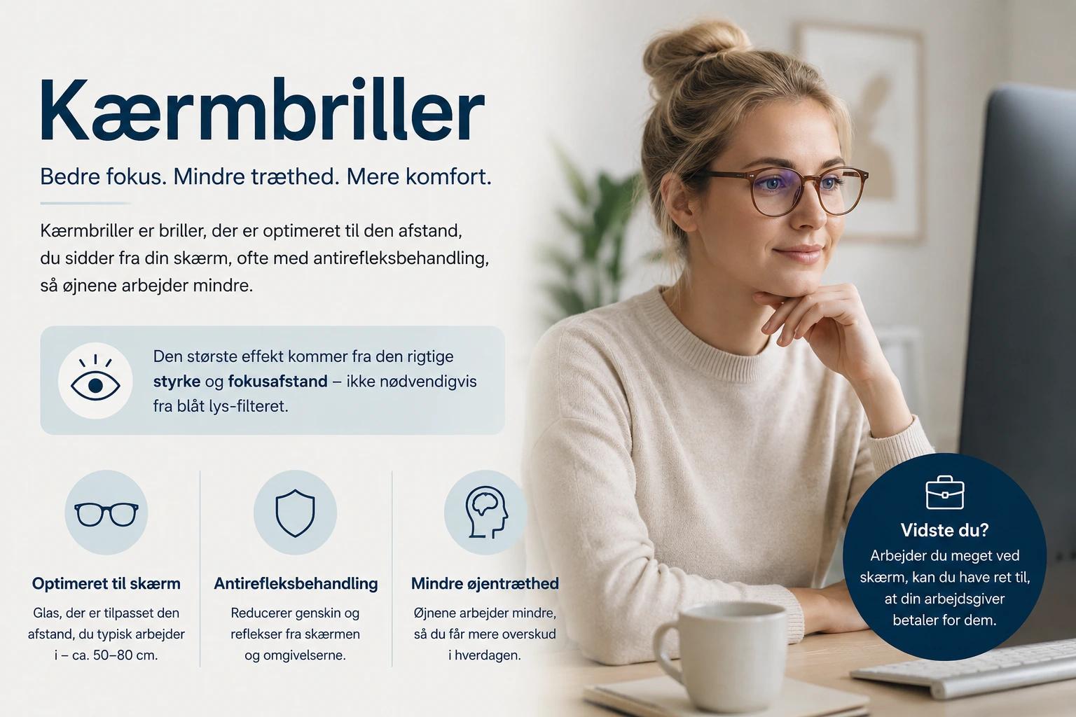 Kvinde med skærmbriller foran computerskærm på kontor