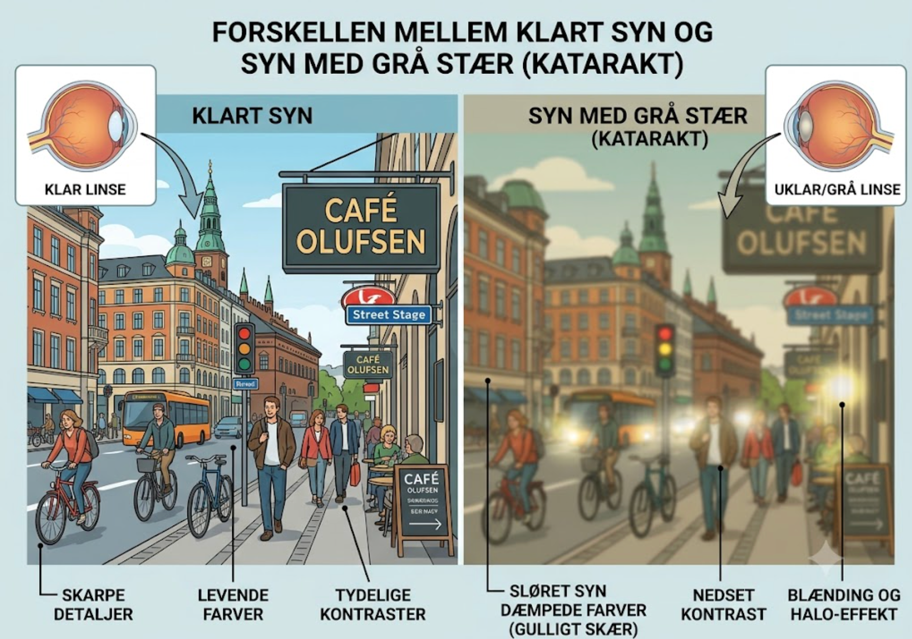 Illustration af forskellen mellem klart syn og syn med grå stær