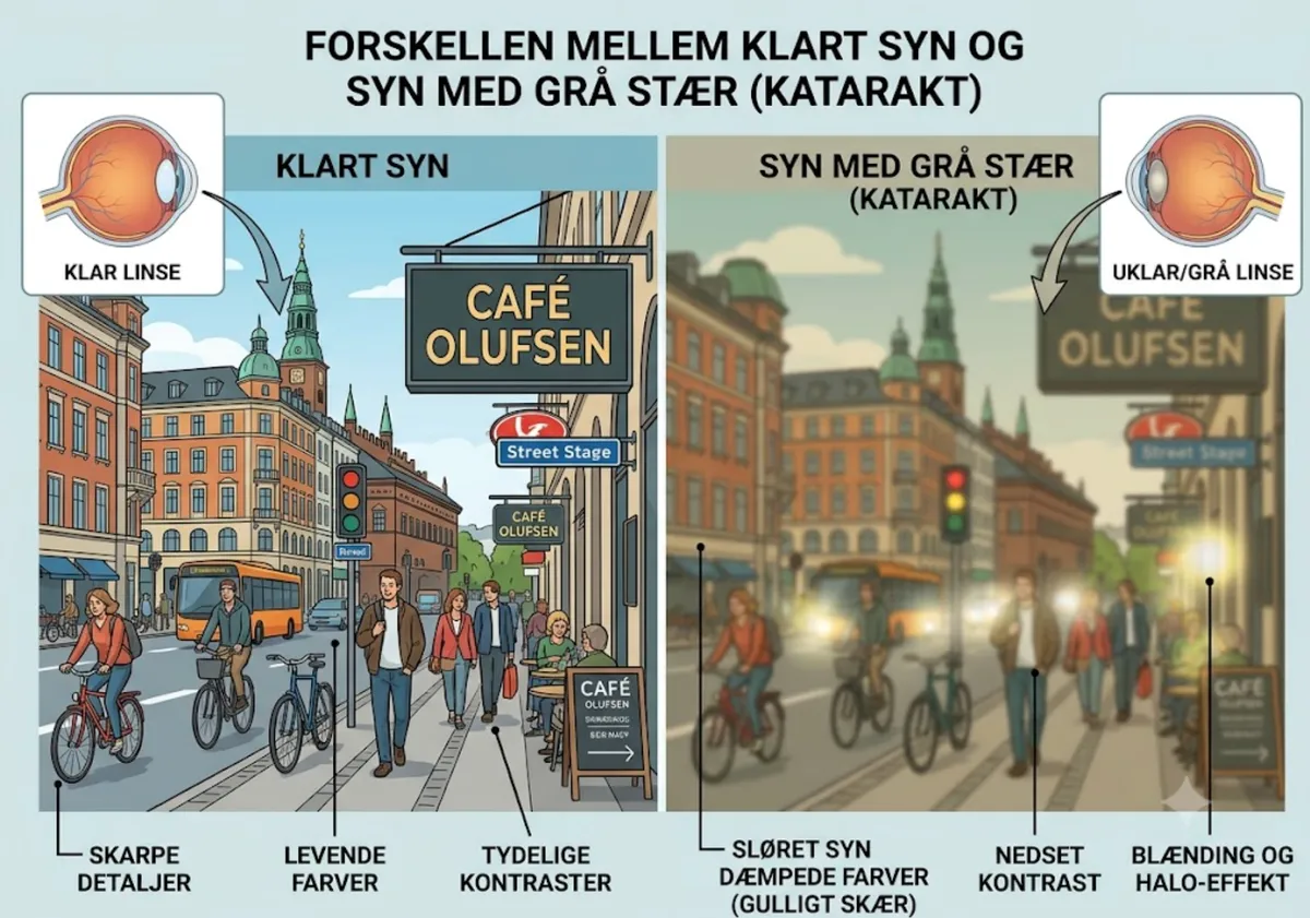 Illustration af forskellen mellem klart syn og syn med grå stær