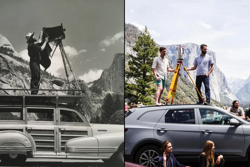 Left: Ansel Adams photographing in Yosemite atop his Woodie station wagon, 1935, photo by Cedric Wright. Right: Matthew Shaw and William Trossell of ScanLAB Projects in May, 2016, with terrestrial laser scanners, atop their modified Hyundai Santa Fe.