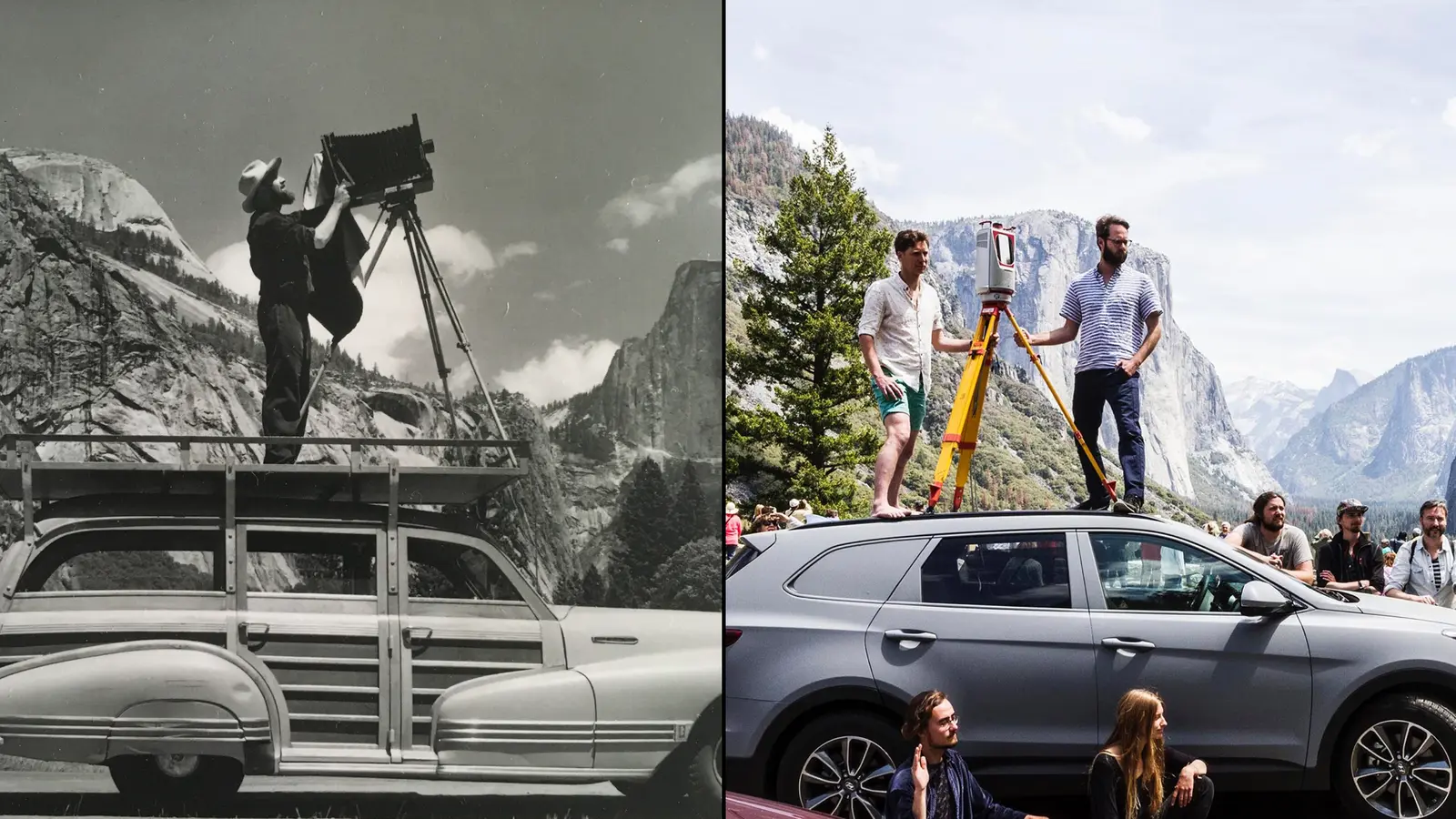 Left: Ansel Adams photographing in Yosemite atop his Woodie station wagon, 1935, photo by Cedric Wright. Right: Matthew Shaw and William Trossell of ScanLAB Projects in May, 2016, with terrestrial laser scanners, atop their modified Hyundai Santa Fe.