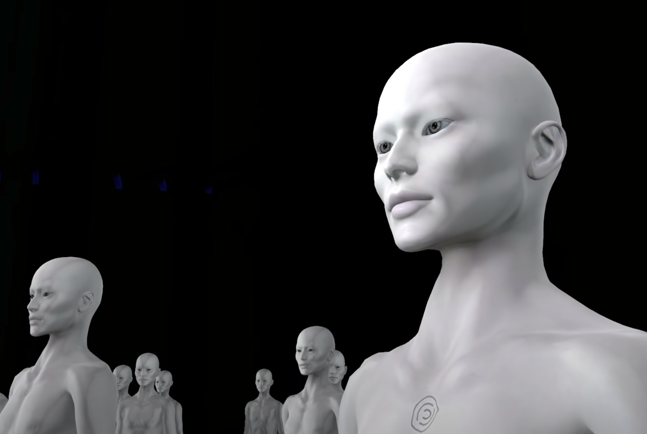 A collection of white, bald human-like figures each bearing a unique mark on their chest, set against a stark black backgr...