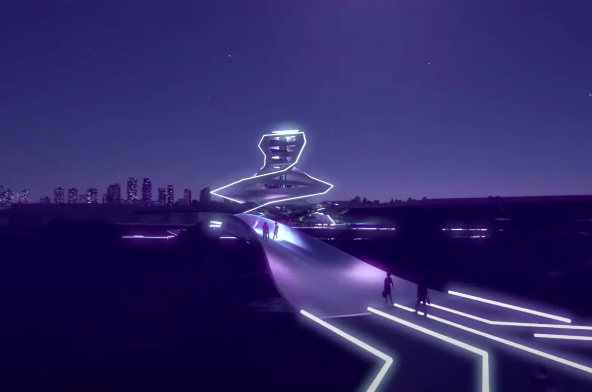 A monochrome image in purple hues of people walking on a road leading to a bridge illuminated with neon lines. Buildings with neon edges dot the skyline creating a futuristic atmosphere.