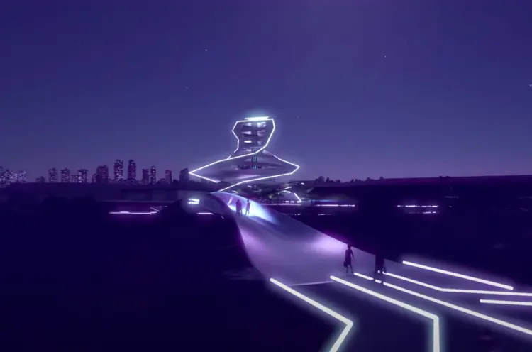 A monochrome image in purple hues of people walking on a road leading to a bridge illuminated with neon lines. Buildings w...