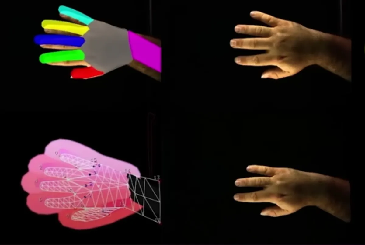 A collection of hand diagrams in varying styles and colors, including a pink hand and a multicolored hand, one of which notably has only four fingers.