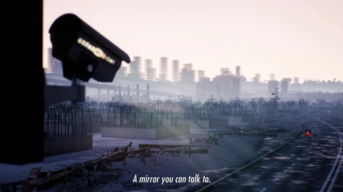 Dawn breaks over a city with buildings and a car driving on the road. A recording camera and the text: "A mirror you can talk to" are present.