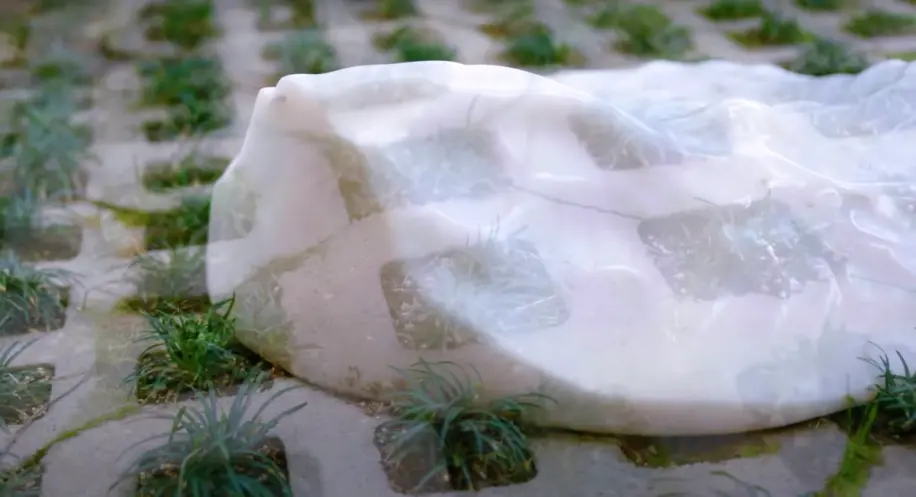 A semi-transparent white rock rests on grassy paver blocks, subtly revealing the textured surface beneath.