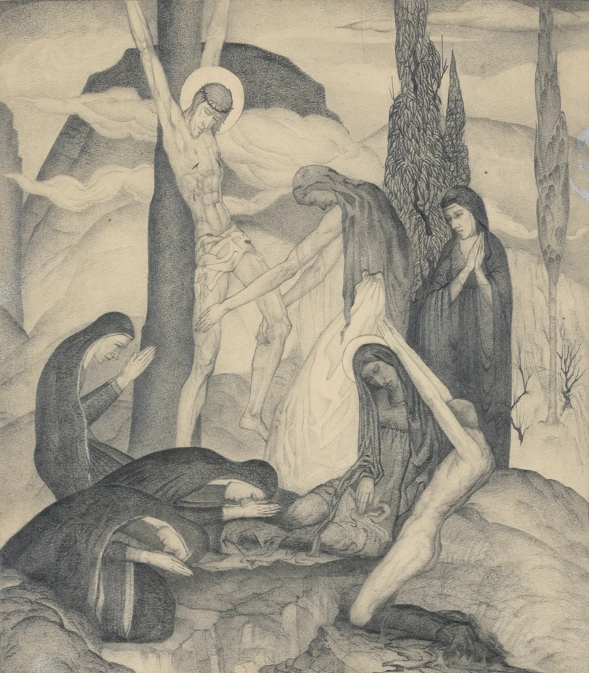 Pencil illustration titled 'Portrayal of the Cross' by Gilbert Yim from 1929, presenting a religious scene of Jesus crucified, with people praying at the foot of the cross.