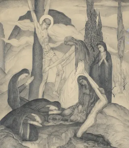 Pencil illustration titled 'Portrayal of the Cross' by Gilbert Yim from 1929, presenting a religious scene of Jesus crucif...