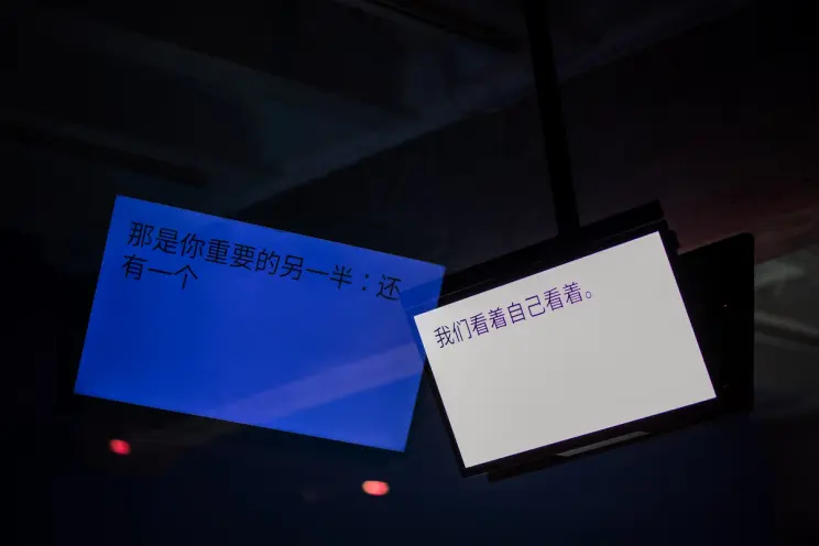 Dual monitors displaying text in Chinese, hanging in a dark room.