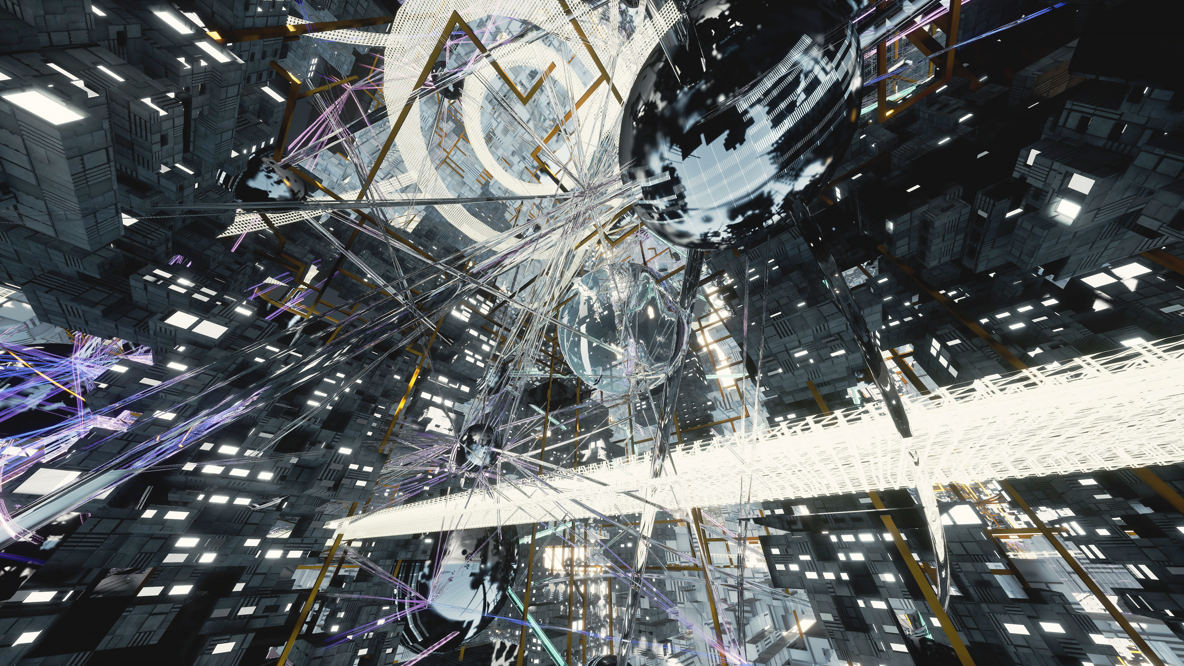An abstract artwork displays mottled light and dark forms, mingling amidst each other. The composition is set against the ...
