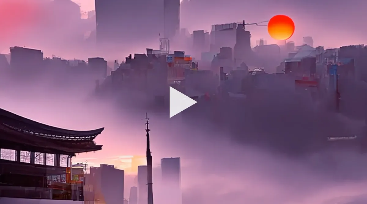 A video showing a polluted cityscape under a dusky sky with skyscrapers, a red moon, and scattered clouds.