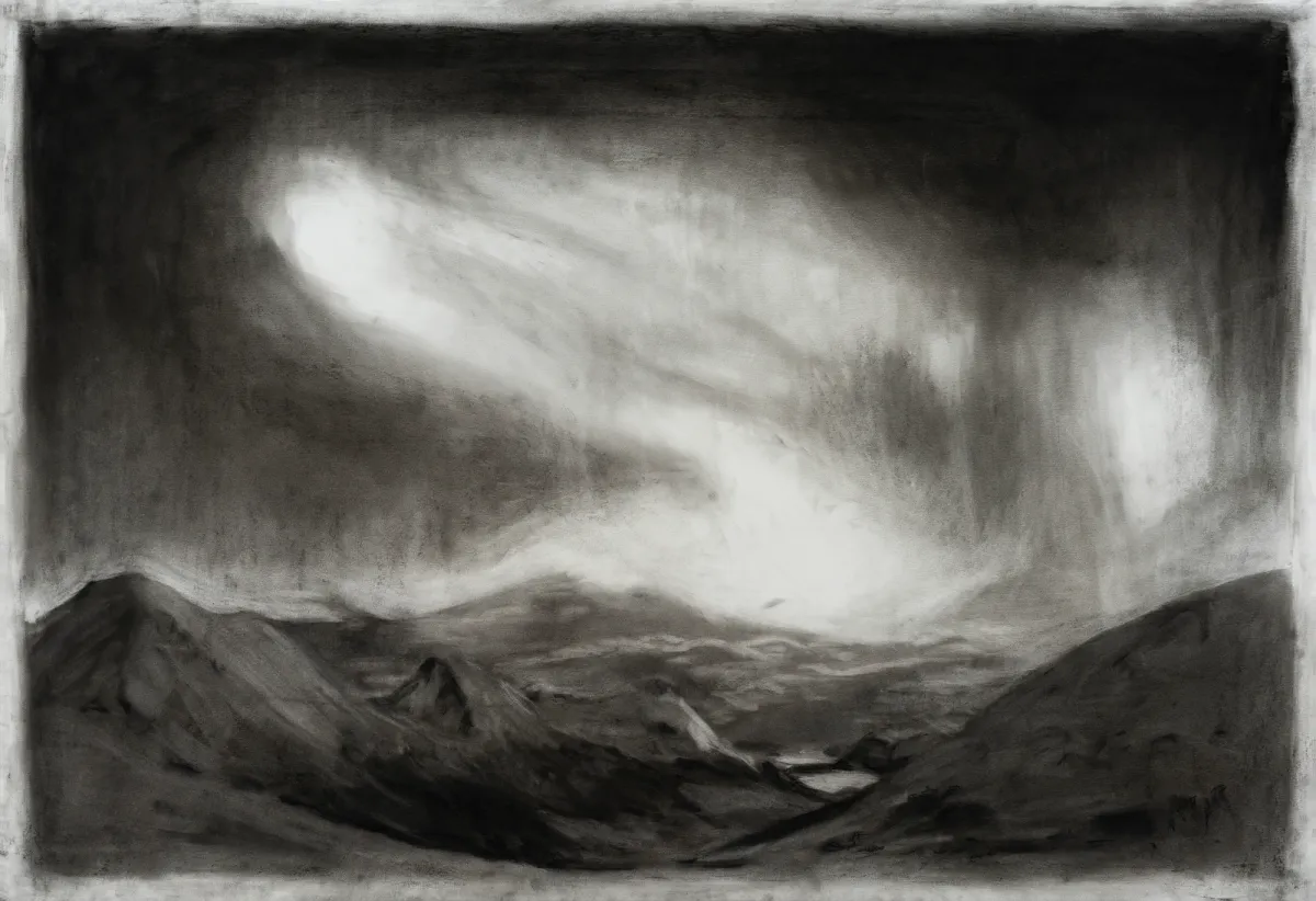 A black and white artwork showcasing textured, high-contrast shapes suggestive of mountains and swirling clouds.