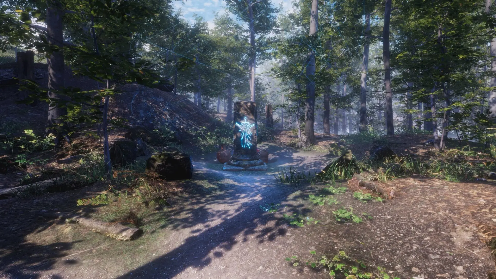 A serene forest scene with a stone pillar displaying a glowing blue symbol, surrounded by lush greenery and dappled sunlight.