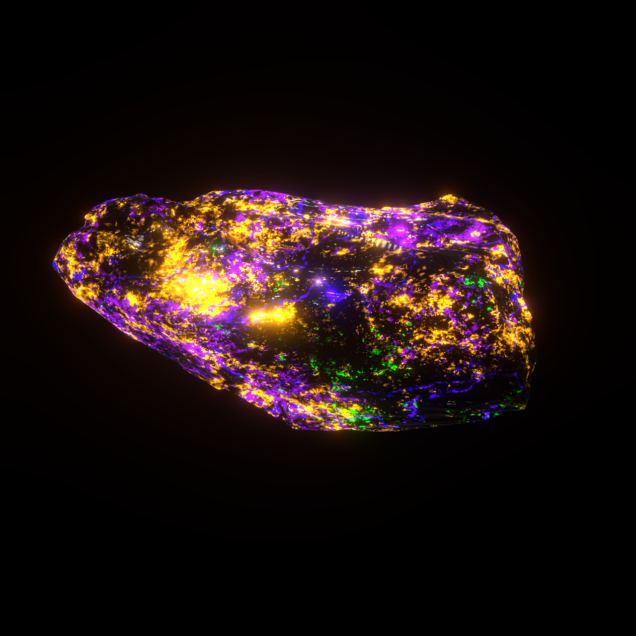 A multi-colored stone glowing in shades of magenta, yellow, blue, and green against a black background.