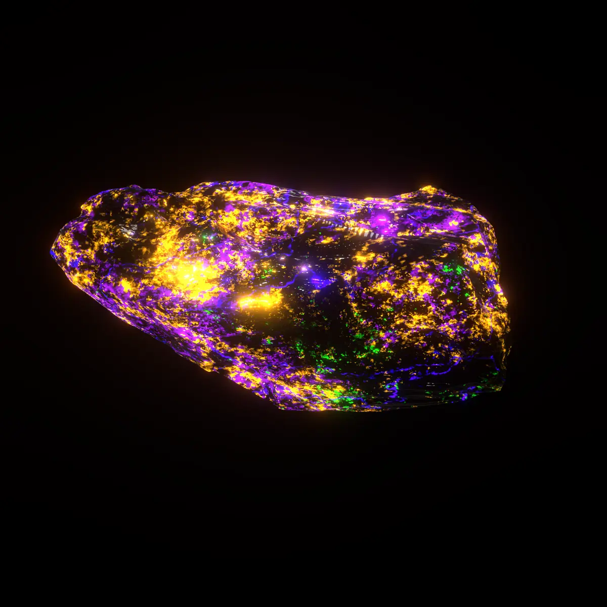 A multi-colored stone glowing in shades of magenta, yellow, blue, and green against a black background.