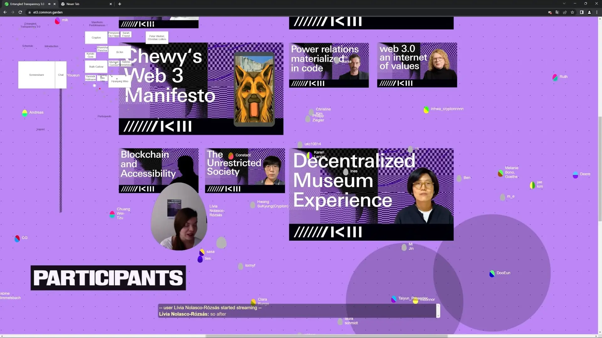 Digital event interface with topics like "Chewy's Web 3 Manifesto" and participant images.