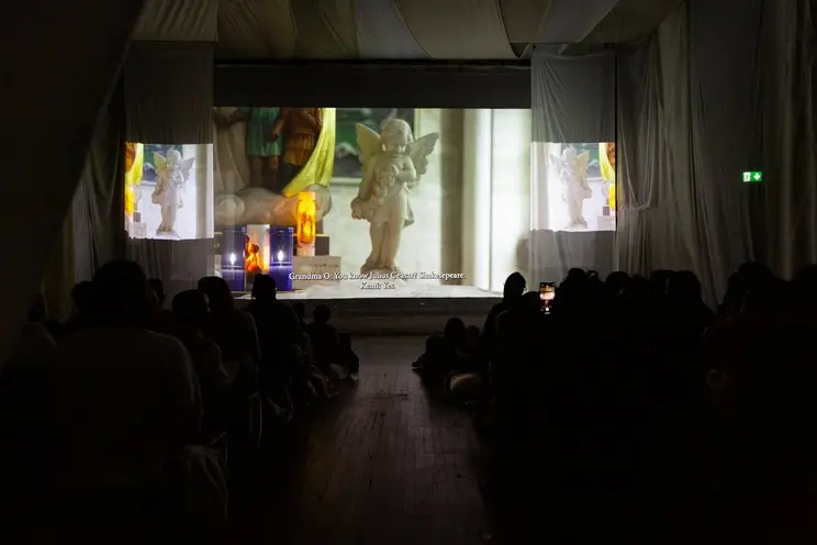 Viewers in a dimly lit room watching projected images, immersed in a cultural or artistic presentation.