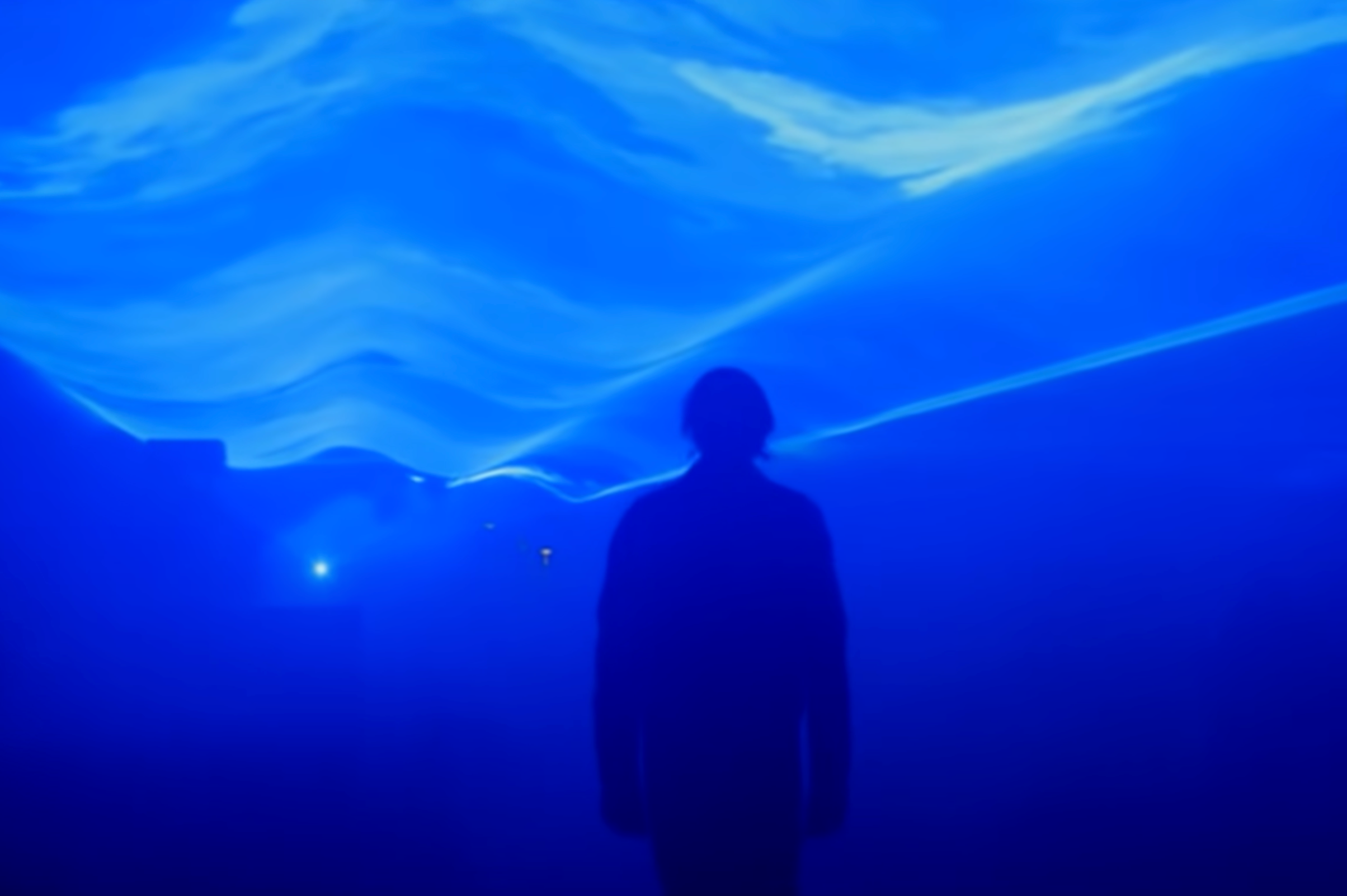 A dark blue silhouette of a person set against a lighter blue background, overlaid by wavy blue and white lines.