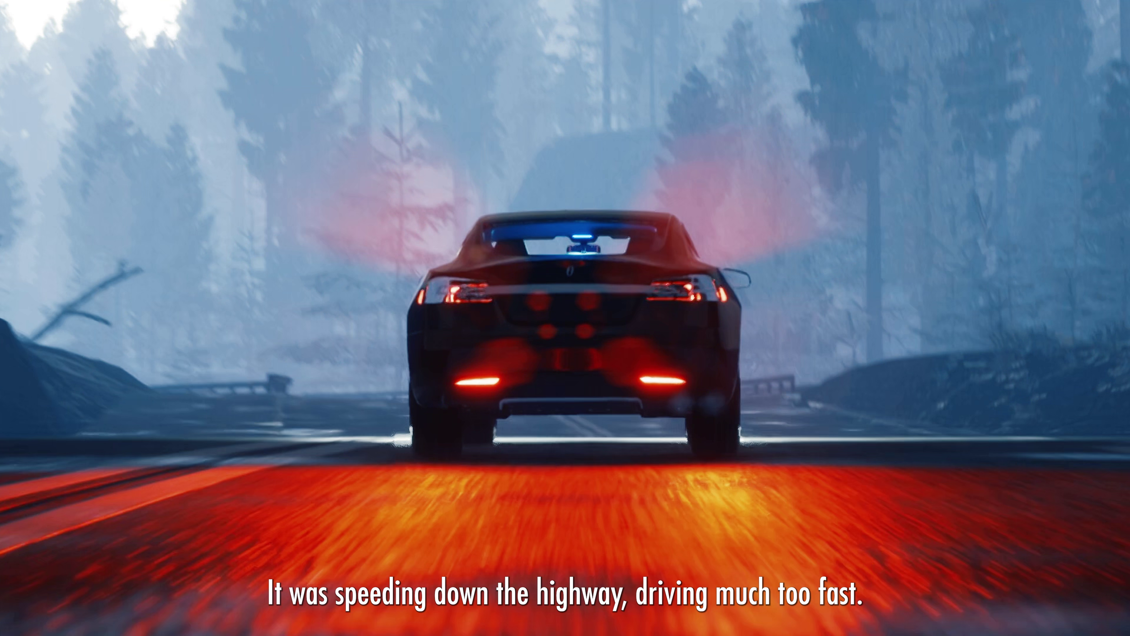 A digital image depicts a car speeding down a highway as the tail lights cast a vibrant red glow on the road. Included is ...