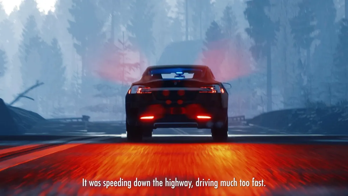 A digital image depicts a car speeding down a highway as the tail lights cast a vibrant red glow on the road. Included is a caption about the car's fast speed.