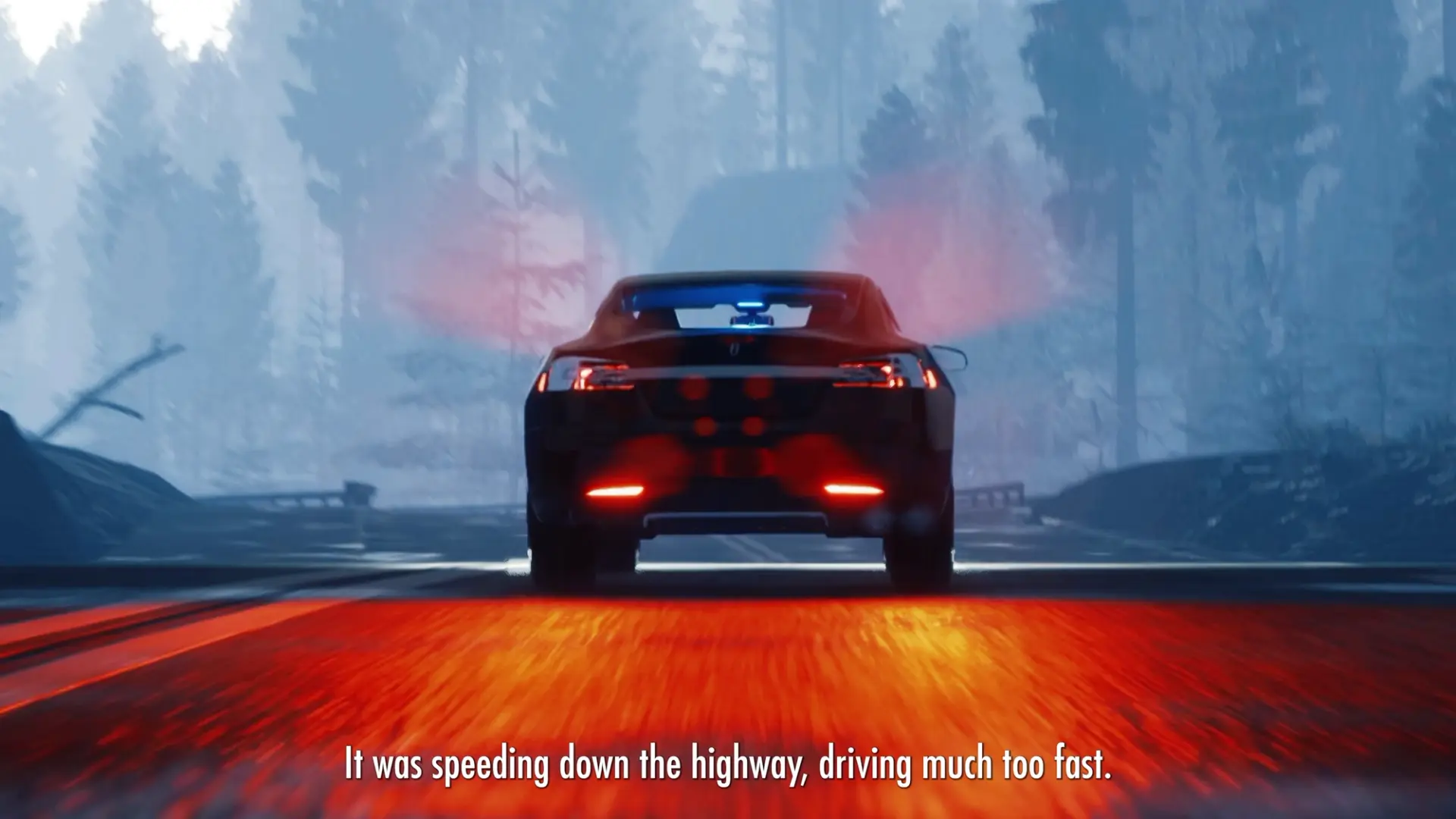 A digital image depicts a car speeding down a highway as the tail lights cast a vibrant red glow on the road. Included is ...
