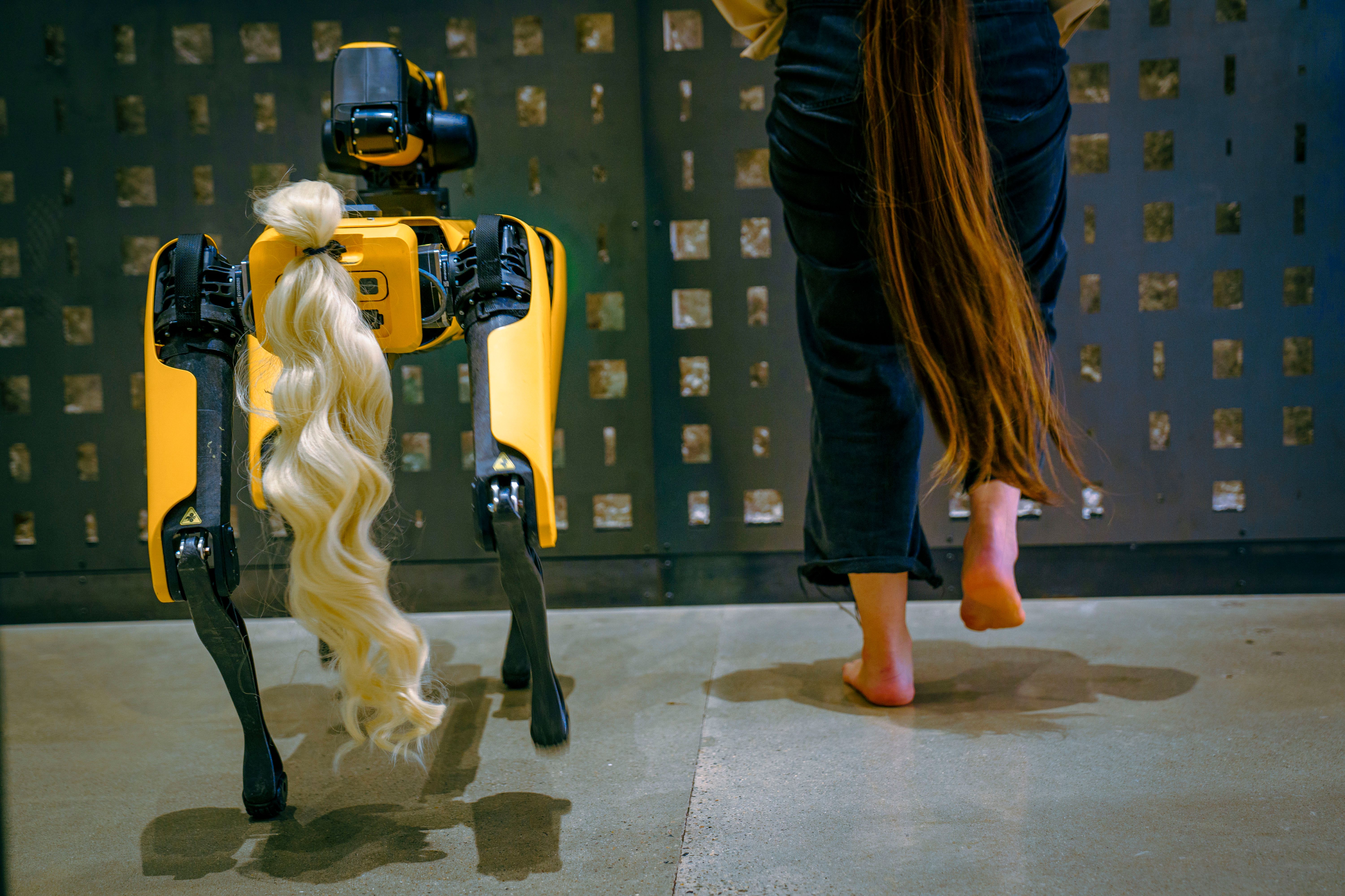 Boston Dynamics robot with a wig mimics a person's long hair, illustrating a playful side of robotics.