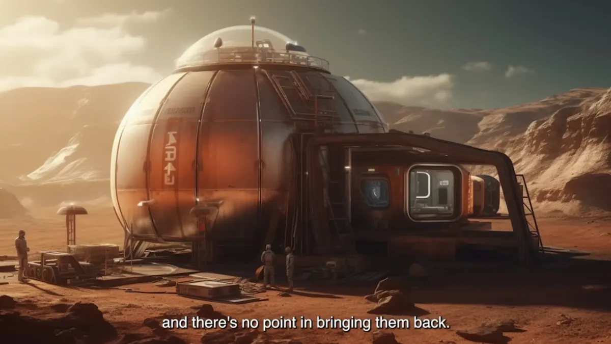 An artistic rendering of a martian habitat module situated in a desolate landscape. Accompanying caption on the image reads "and there's no point in bringing them back."