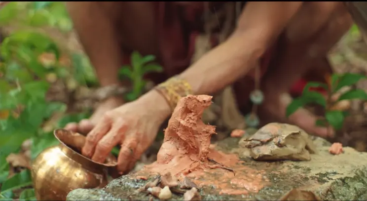 Hands sculpt small clay forms and arrange natural materials on a rock amid green forest plants.