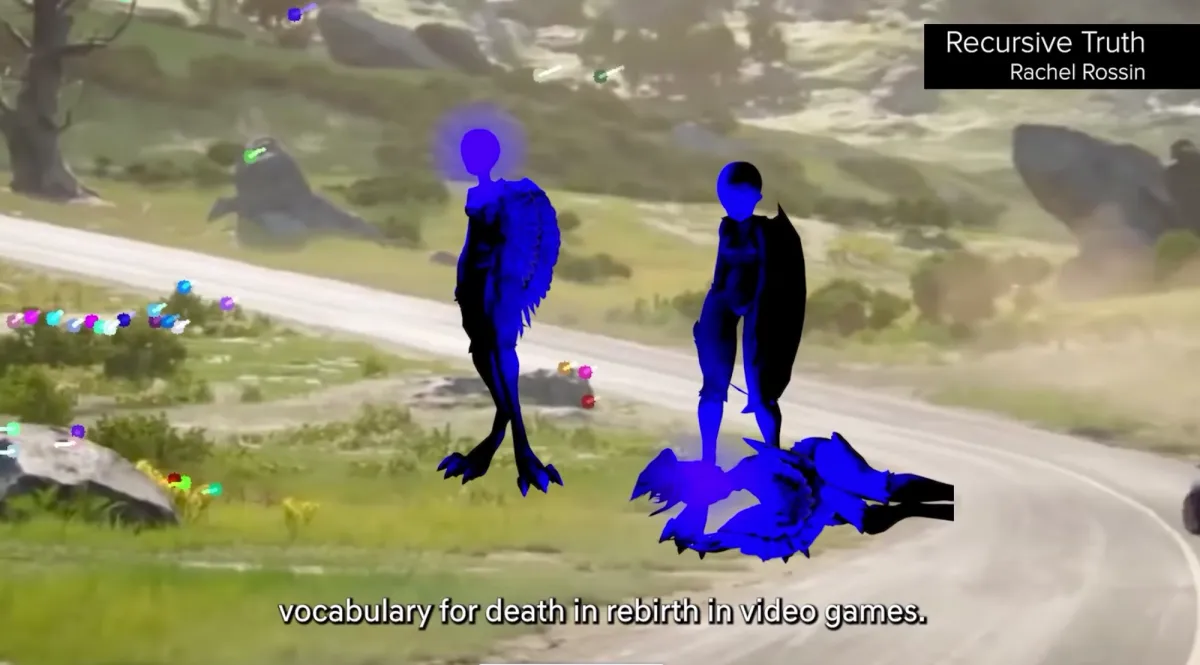 A digital art piece featuring two upright and one horizontal alien forms in hues of blue and black situated beside a curved road in a natural setting. Text in the upper right corner reads "Recursive Truth, Rachel Rossin" and at the bottom "vocabulary for death in rebirth in video games".