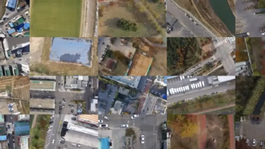 A collage of aerial images showcasing urban and rural landscapes with roads, buildings, and greenery.