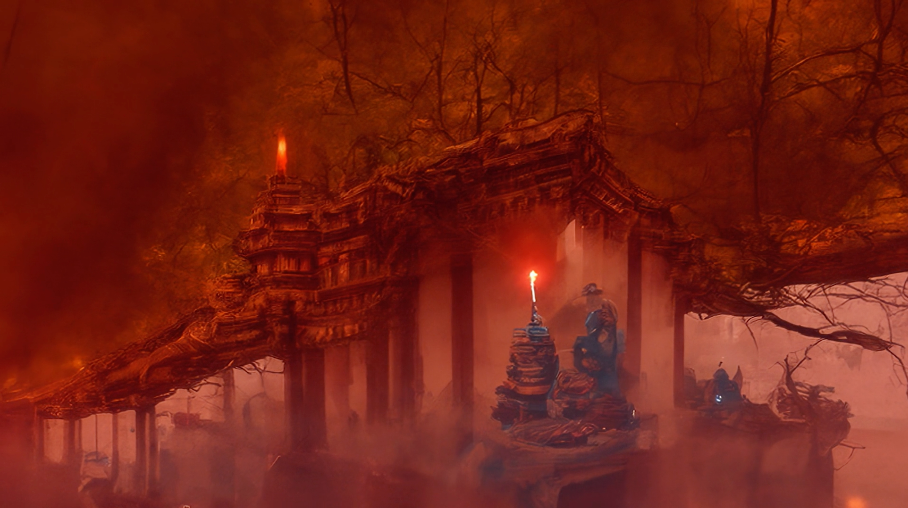 A surreal red-hued temple engulfed in smoke and trees, illuminated by glowing flames and figures.