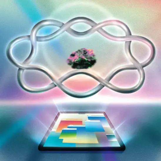 An illustration showing a stone encapsulated by a glowing ring, floating above a tablet displaying multiple brightly colored windows. The background is vibrant and abstract.