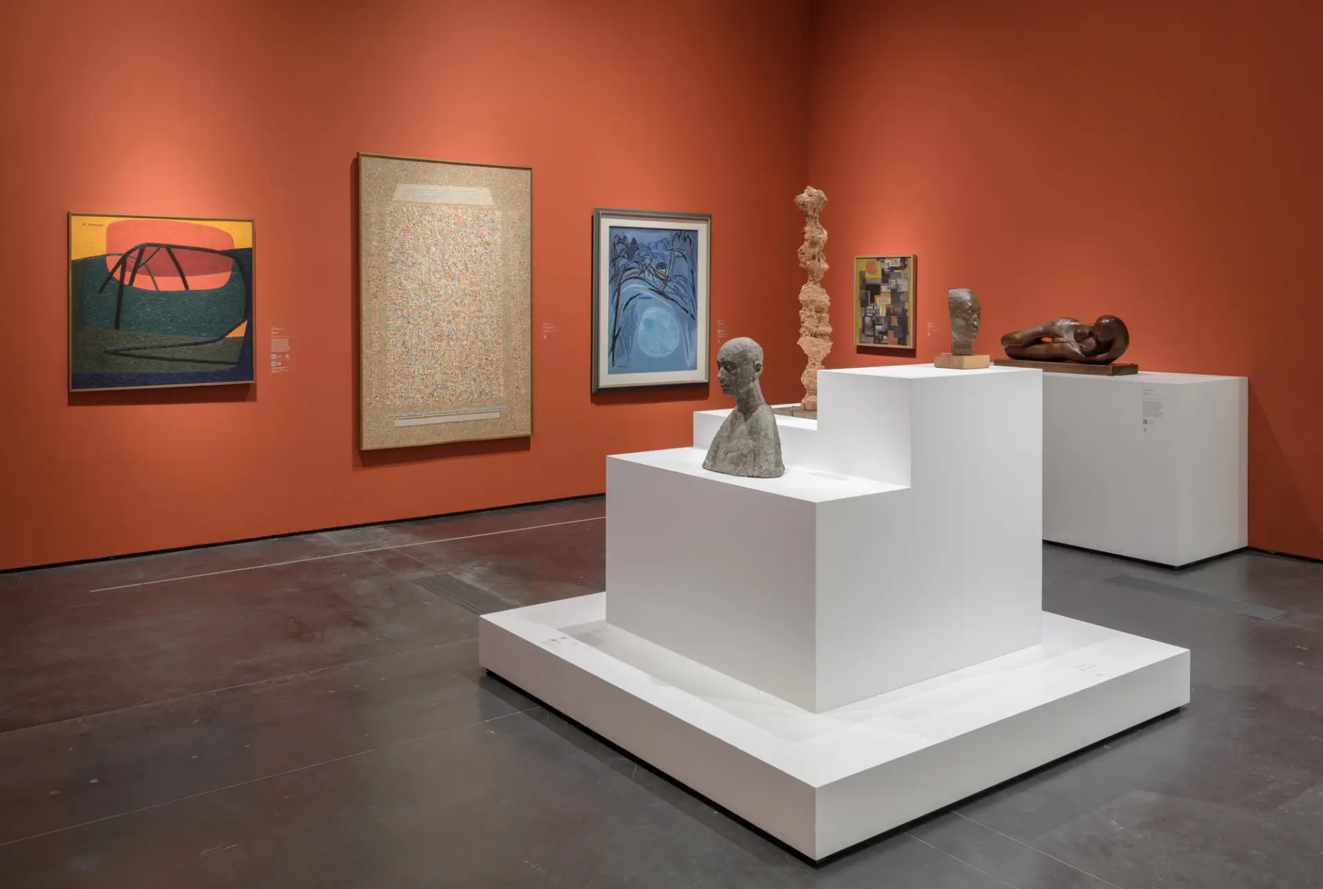 Art and sculpture exhibition with picture frames.