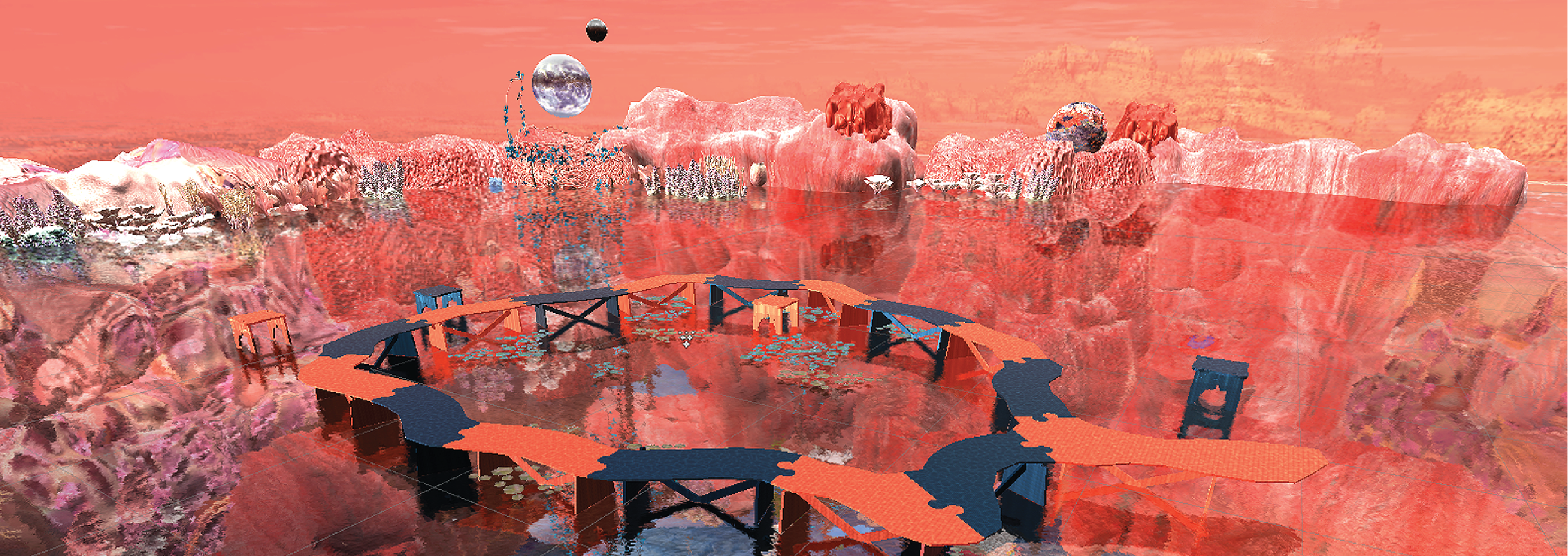 A 3D apparatus-environment set with a metal pedestal and crystal balls, displaying a simulation.