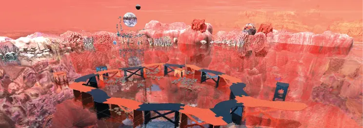 A 3D apparatus-environment set with a metal pedestal and crystal balls, displaying a simulation.
