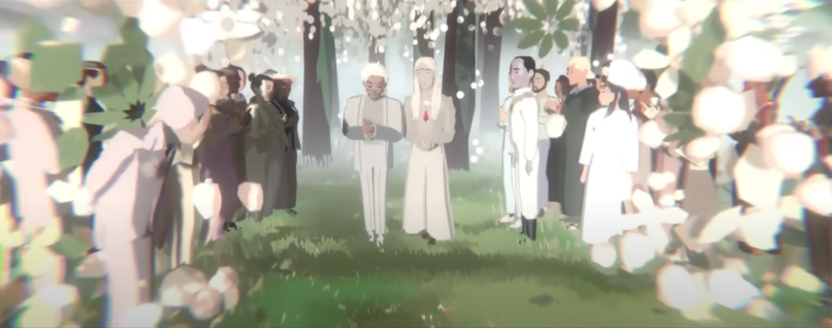 An artistic rendering of a formal event, featuring individuals in elegant attire engaged in conversation.