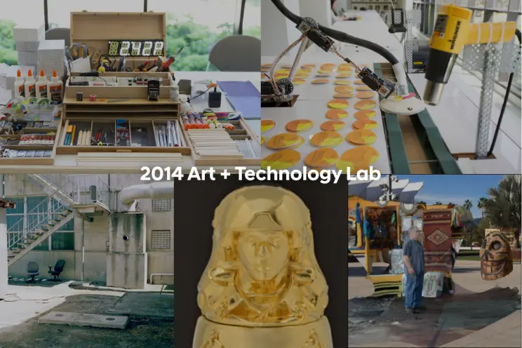 Collage of various art and tech tools and projects, labeled "2014 Art + Technology Lab."