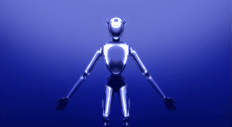 A levitating robot is depicted against a solid blue backdrop. It is stands upright, arms extended outwards on either side, while a crows watches on.