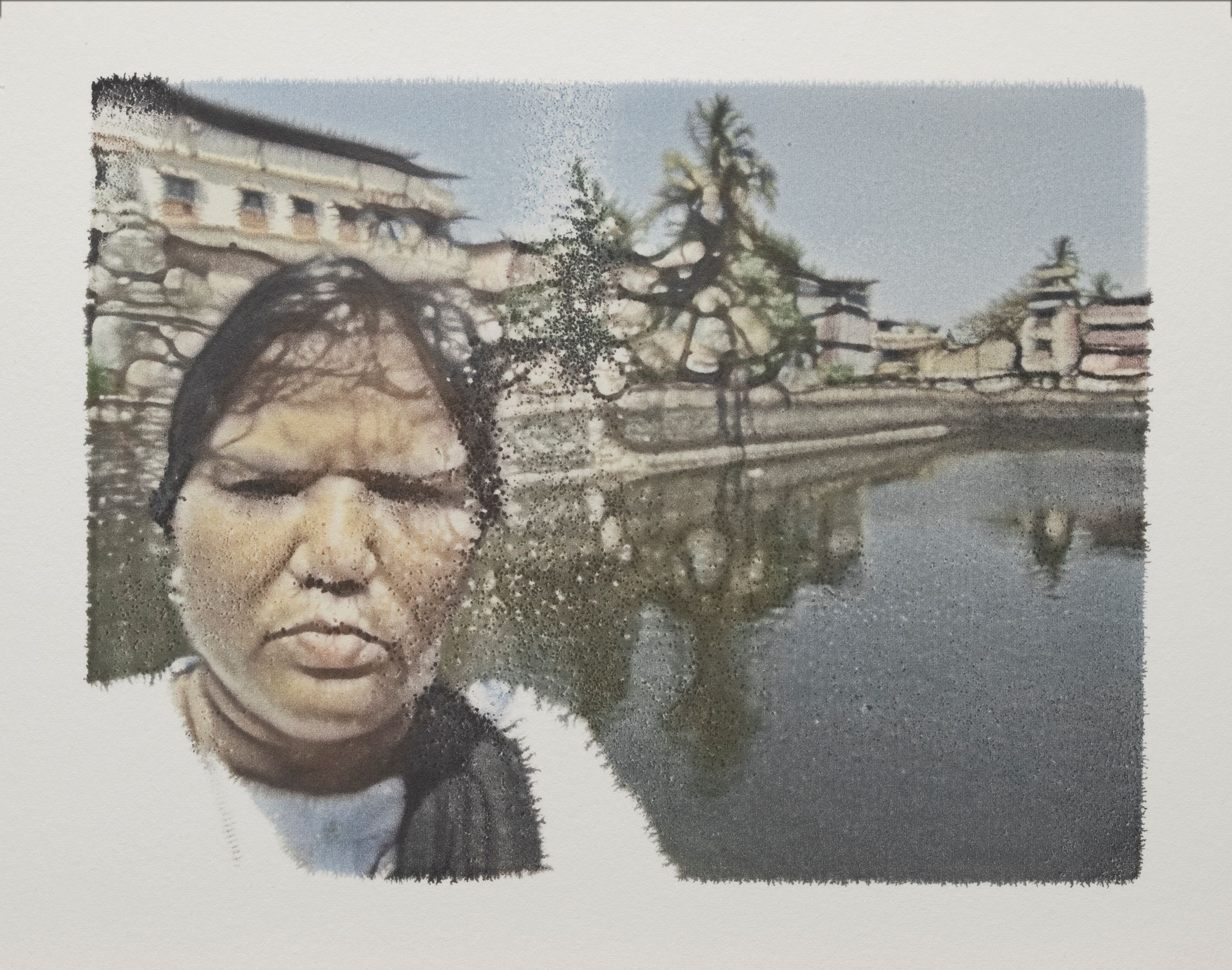 A monotype of a person standing in front of a body of water.