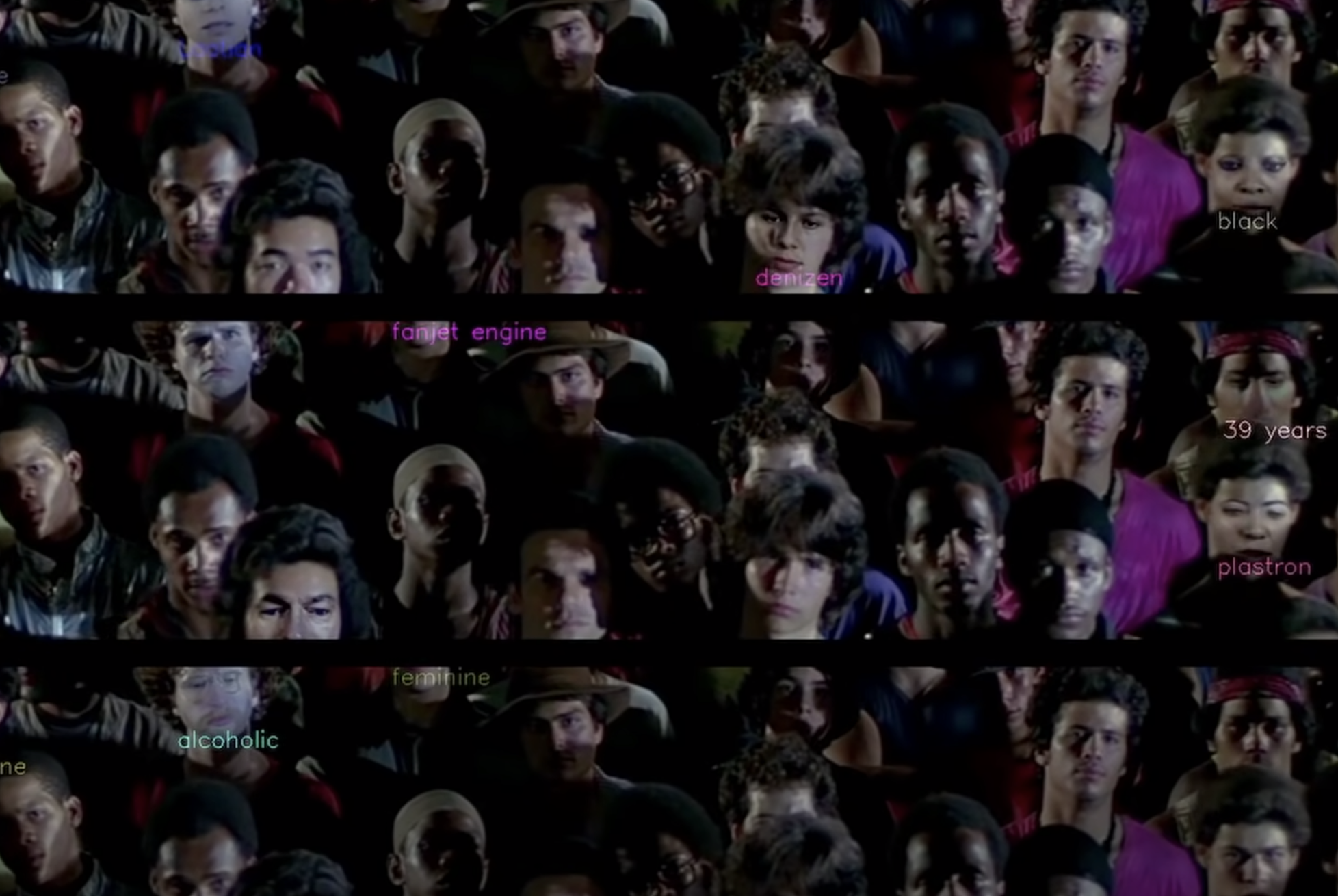 Three vertical snapshots displaying various multiracial crowd faces. Some individuals are singled out with colorful labels...