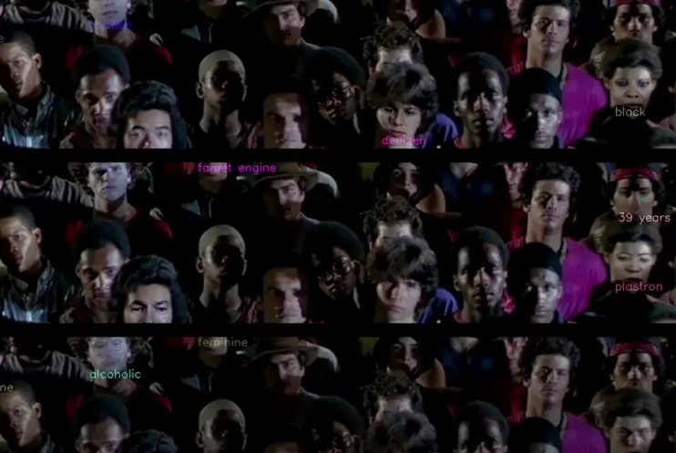 Three vertical snapshots displaying various multiracial crowd faces. Some individuals are singled out with colorful labels...