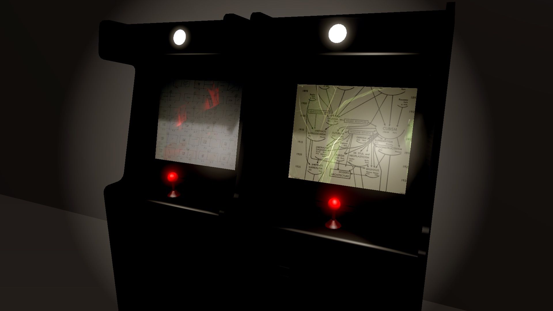 A dimly lit arcade-style setup featuring two retro game cabinets with abstract images on their screens and glowing red joysticks.