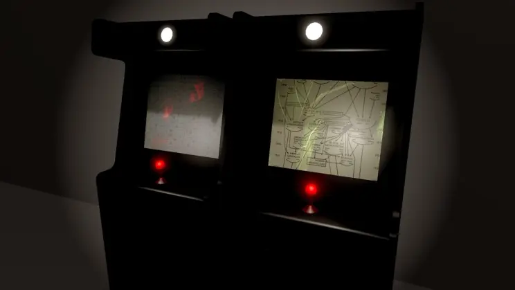 A dimly lit arcade-style setup featuring two retro game cabinets with abstract images on their screens and glowing red joysticks.