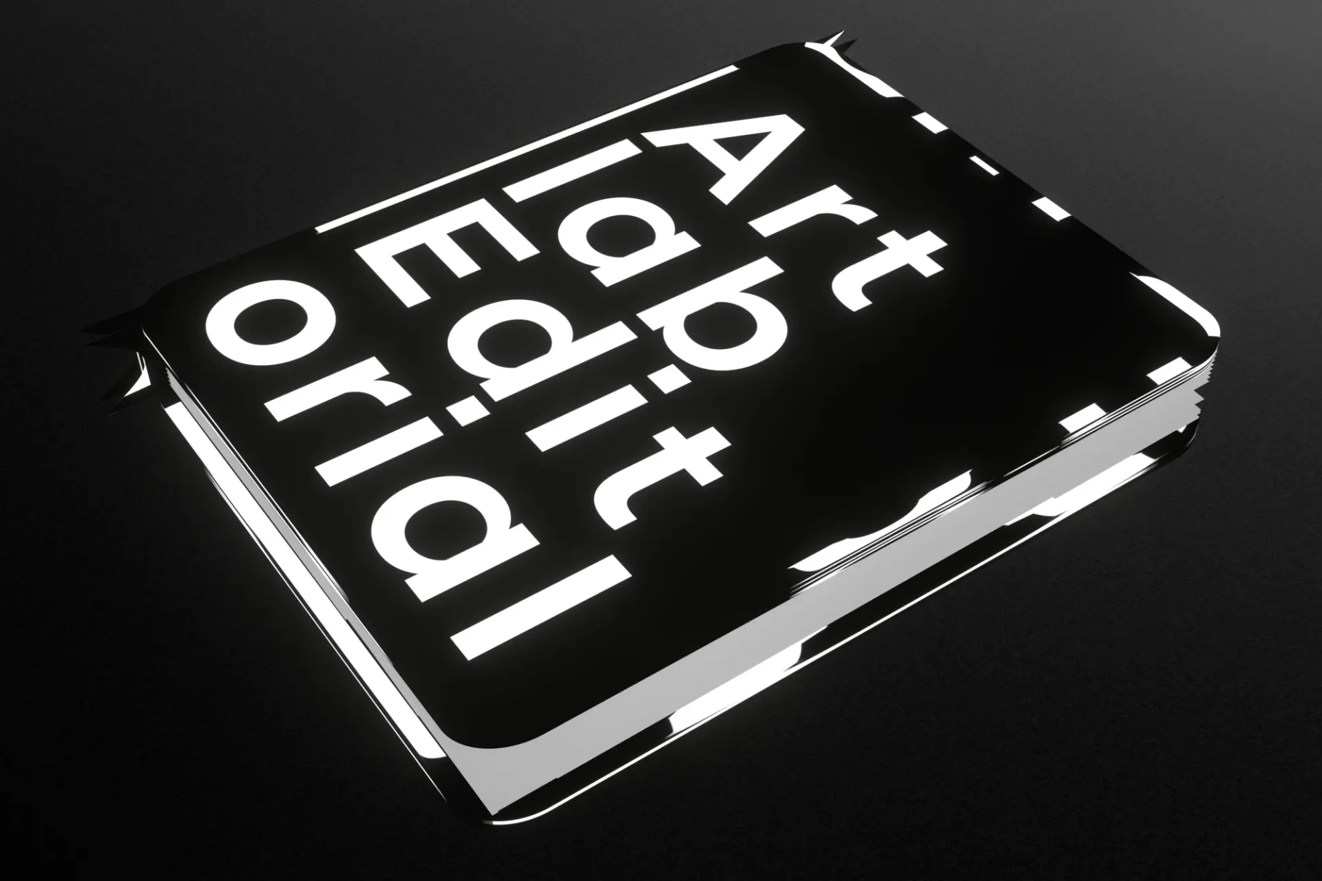 A black and white graphic featuring a book with a black cover and the white title "Artlab Editorial".