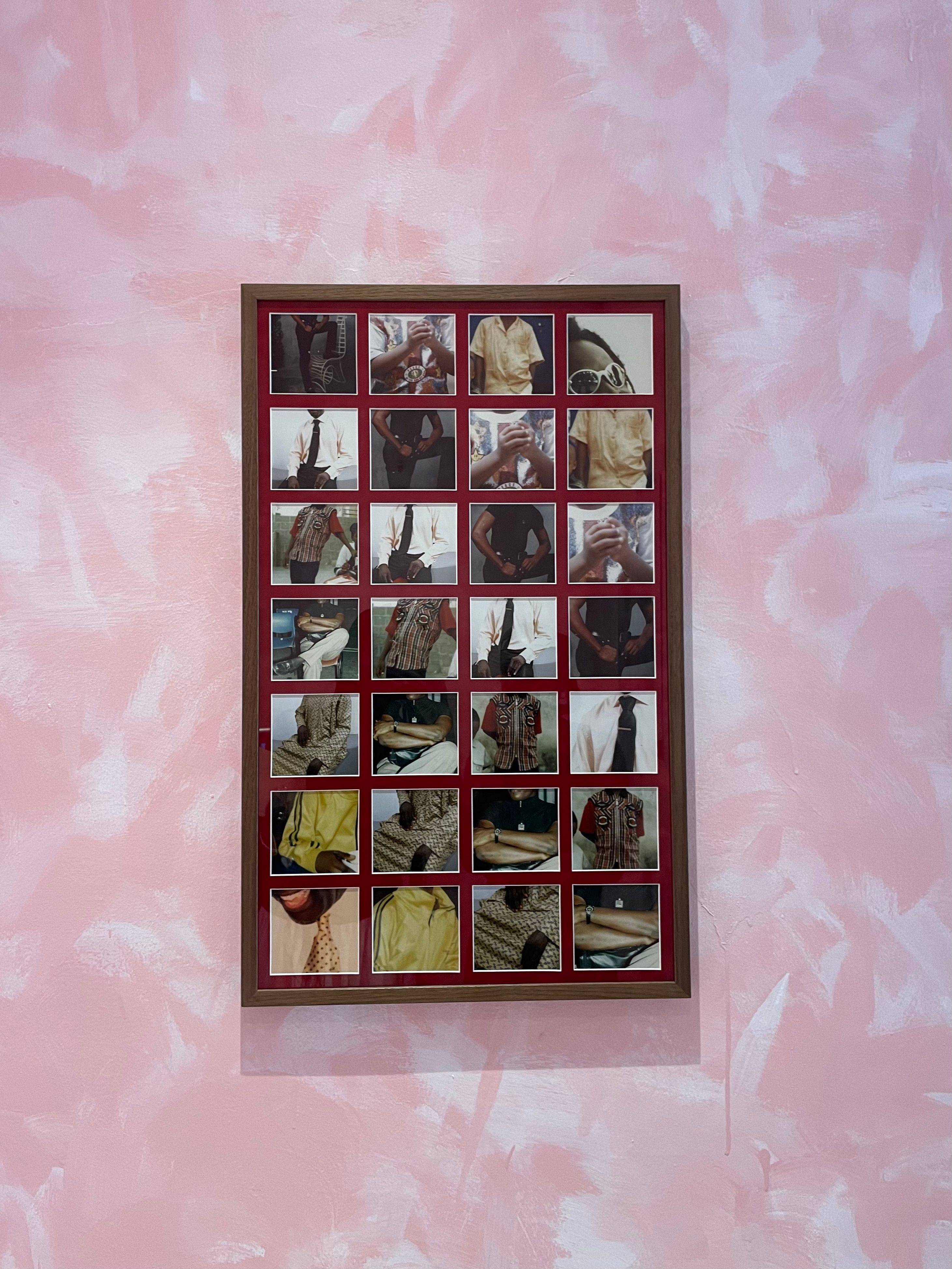 A framed photo grid featuring close-up portraits and fashion details on a pink-painted wall.