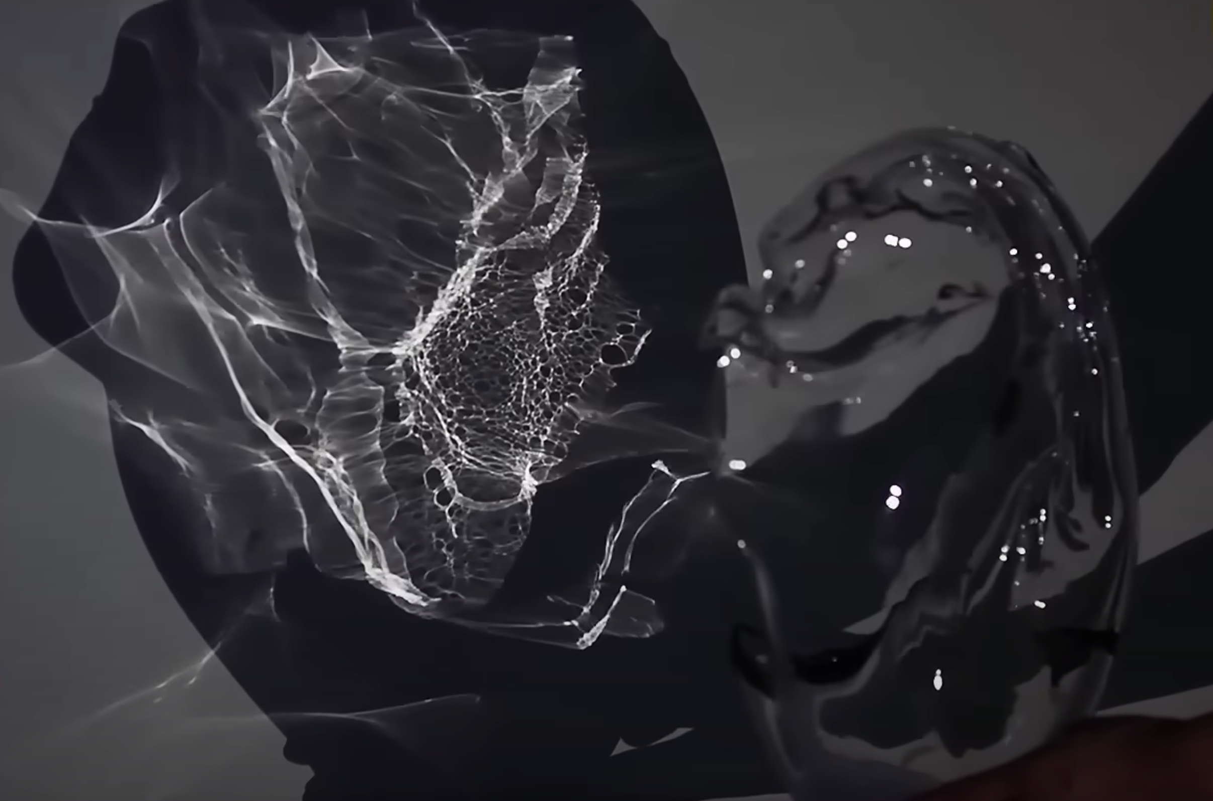 An abstract, wispy form composed of intermingling streaks of black and white, creating a flowing and ethereal visual.